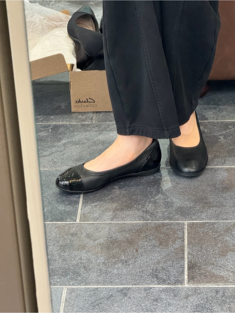 Clarks Black Leather Ballet Flats with Patent Cap Toe